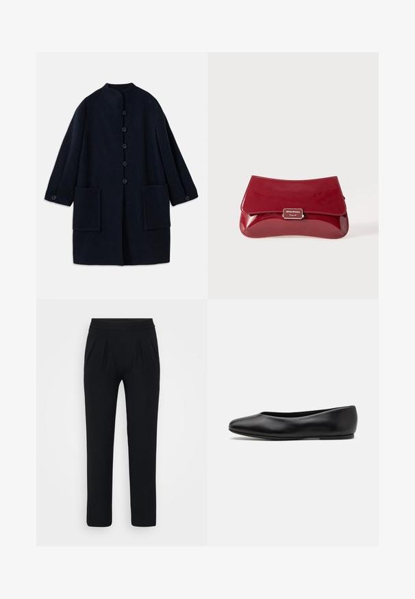 Tumši jūras zila vilnas mētelis ar apaļu apkakli, pieciem priekšējiem pogām, pogājamiem manžetiem un divām lielām priekšējām kabatām.; Zila satīna blūze īsām piedurknēm ar kvadrātveida izgriezumu un aizmugurējo rāvējslēdzēju. Gluda tekstūra un nedaudz brīvs piegriezums.; Melnas, plašas bikses, izgatavotas no gludas auduma. Raksturīga elastīga josta un divas priekšteces. Nav redzamu rakstu vai aparatūras.; Paul Smith TOPANGA - Balerīnas laiviņas - black; Sarkans laka ādas clutch kabatas maisiņš ar izliekta dizaina, locīšanas vāku un metāla logotipa akcentu uz sudraba plāksnes. Gluda, spīdīga tekstūra.