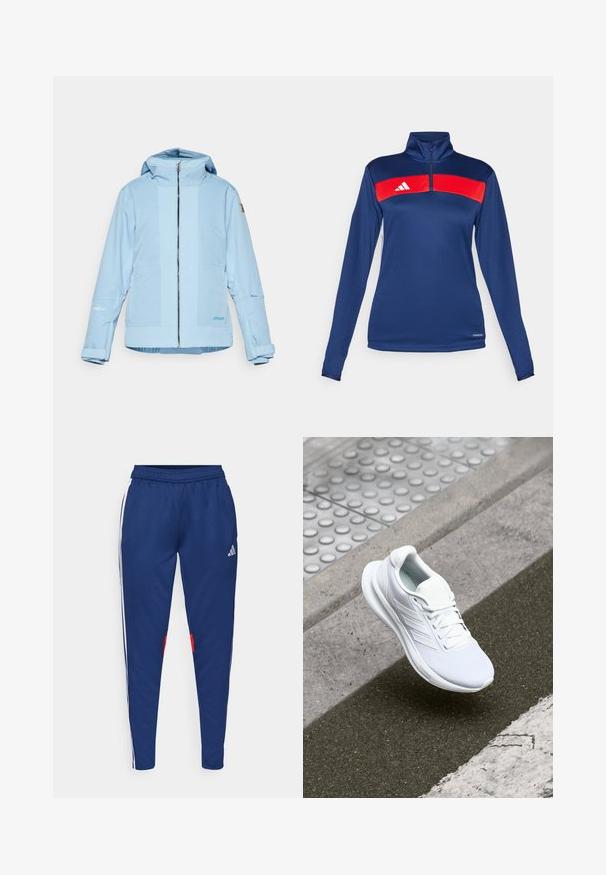 Jaqueta azul claro com fecho frontal, capuz ajustável e punhos elásticos. Apresenta detalhes texturizados e um logotipo na manga.; Camisa de manga longa azul-marinho com fecho de quarto de zip e uma faixa horizontal vermelha, logótipo branco, textura suave e design ajustado. Tecido de desempenho.; Calças de desporto azul-marinho com riscas brancas nas laterais, cintura elástica e detalhes vermelhos perto da bainha. Feitas de um tecido liso e leve.; Shoe atlético branco com parte superior em rede, design de atacadores e sola texturizada. Branding subtil e detalhes de construção sem emendas visíveis.