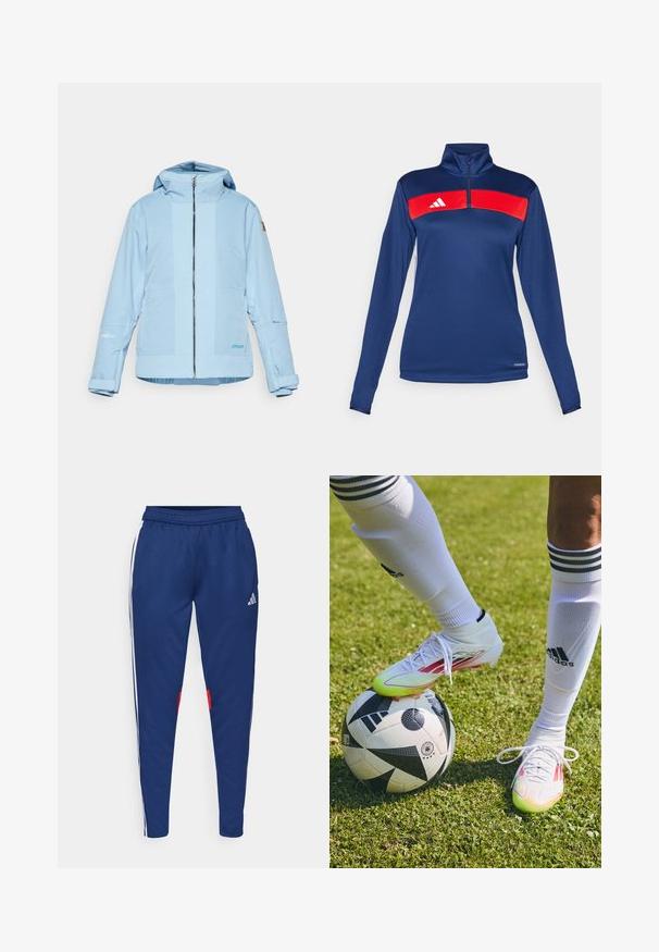 Světle modrá bunda se zipem vpředu, nastavitelnou kapucí a elastickými manžetami. Obsahuje texturované akcenty a logo na rukávu.; Námořnická modrá mikina s dlouhým rukávem a čtvrtinovým zipem, která má červený vodorovný pruh, bílé logo, hladkou texturu a vypasovaný střih. Výkonová tkanina.; Námořnické tepláky s bílými bočními pruhy, elastickým pasem a červenými akcenty u lemů. Vyrobené z hladké, lehké látky.; Bílé fotbalové kopačky s červenými akcenty, odpočívající na černo-bílém fotbalovém míči, na travnatém hřišti, s viditelnými bílými ponožkami a pruhy.