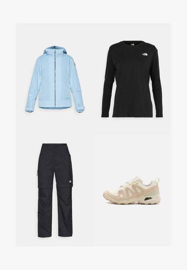 Hellblaue Jacke mit einem Reißverschluss vorne, verstellbare Kapuze und elastischen Bündchen. Besondere Merkmale sind strukturierte Akzente und ein Logo am Ärmel.; Schwarzes Langarm-T-Shirt aus Baumwolle mit Rundhalsausschnitt. Verfügt über ein kleines weißes Logo auf der linken Brustseite. Einfaches Design und Passform.; Schwarze Nylon-Zip-Off-Cargohosen mit verstellbaren Bündchen, mehreren Taschen und einem Logo am rechten Bein. Glatte, leichte Textur.; Beige und cremefarbenen Sportschuh mit strukturiertem Mesh-Obermaterial, unterstützenden Überzügen und Gummisohle mit einem Profilmuster für Bodenhaftung.