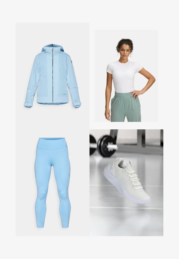 Svetlomodrá bunda so zipsom vpredu, nastaviteľnou kapucňou a elastickými manžetami. Obsahuje textúrované akcenty a logo na rukáve.; Biely priliehavý tričko s krátkymi rukávmi, kombinované s nohavicami so svetlozeleným elastickým pásom. Hladká textúra, minimalistický dizajn a žiadne viditeľné vzory.; Svetlomodré legíny vyrobené z elastického materiálu. Obsahujú vysoký pás, hladký povrch a zakrivené švy pozdĺž nôh.; Biele atletické tenisky s textúrovaným sieťovým zvrškom a systémom šnurovania, so zvýšenou bielou podrážkou a jemnými ryhovanými akcentmi.