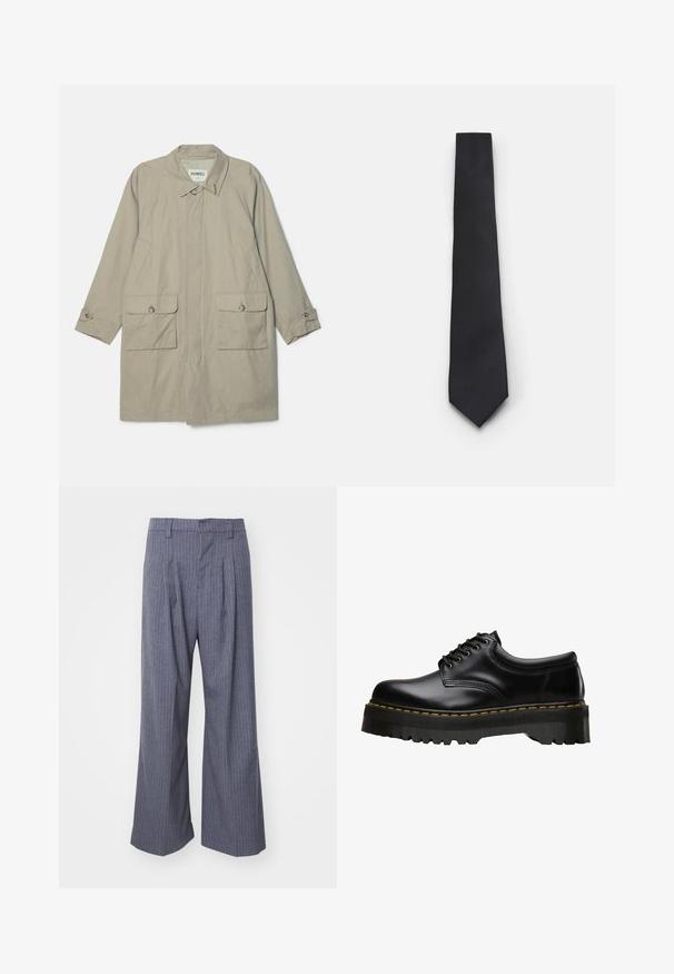 Bež plašč z ovratnikom, dvema sprednjima žepoma in gumbnimi manšeta. Narejen iz gladkega, trpežnega materiala.; Bela srajca z dolgimi rokavi z gumbi, izdelana iz gladkega bombaža. Ima klasičen ovratnik in zapiranje na gumb spredaj z ravnim robom.; Sive prugaste hlače širokih nogavica, z zgubanjem spredaj in gladko teksturo. Brez vidnih kovinskih delov ali poudarkov.; Črne usnjene čevlje z vezalkami, debelim zobatim črnim gumijastim podplatom in rumenim šivom ob robu, ki imajo gladek finiš.; Ozeka črna kravata z teksturiranim, diagonalnim žlebastim vzorcem. Ima koničast konec in gladko površino. Primerna za formalno nošenje.