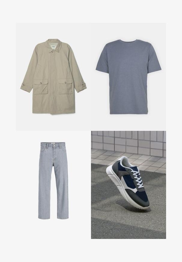 Bež plašč z ovratnikom, dvema sprednjima žepoma in gumbnimi manšeta. Narejen iz gladkega, trpežnega materiala.; Siv majica s kratkimi rokavi in okroglo ovratnikom, izdelana iz mehkega bombažnega blaga. Preprost dizajn, brez vzorcev ali dodatkov.; Svetlo modri kavbojki s sproščenim krojem, naravnost oblikovani nogi, vidnimi šivi, dvema sprednjima žepoma in gumbnim zapiranjem.; Superge z zgornjim delom iz mrežaste tkanine v mornarsko modri barvi, sivi usnjeni poudarki, belo gumijasto podplato in ravnimi belimi vezalkami, zasnovane za udobje in zračnost.