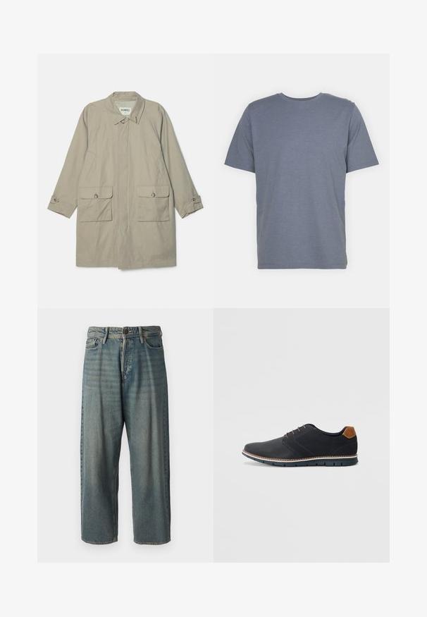 Trench coat bege com gola de colarinho, dois bolsos frontais de remendo e punhos abotoados. Feito de um tecido liso e durável.; T-shirt cinza de manga curta com gola redonda, feita de um tecido suave em mistura de algodão. Design simples, sem padrões ou detalhes.; Jeans de ganga azul claro com um corte solto, cintura média e pernas retas. Apresenta cinco bolsos, passadores de cinto e fecho com botão.; Sapatos sintéticos pretos com um upper texturizado, pormenores lisos, salto castanho e uma sola contrastante. Apresentam um sistema de atacadores mínimo e detalhes de costura.