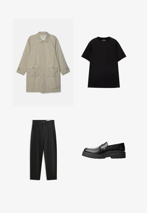 Palton bej din material impermeabil, cu guler la gât, două buzunare frontale cu detaliu aplicat și manșete închise cu nasturi. Fabricat dintr-un material neted și durabil.; PULL&BEAR JOIN LIFE - Tricou basic - black; Pantaloni negri din bumbac cu croială lejeră, având un brâu clasic, plii frontale și buzunare laterale. Textură netedă fără modele.; Mocasini din piele neagră, cu talpă groasă și profilată și bandă decorativă pe partea superioară, prezentati din profil stâng pe fundal alb.