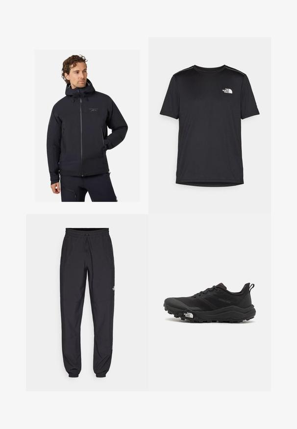 Mustat vedenpitävät takki, jossa on vetoketjullinen etuosa, säädettävä huppu ja useita vetoketjullisia taskuja. Sujuva pinta vahvistetuilla ompeleilla.; Mustapaita lyhyillä hihoilla, joka on valmistettu kevyestä kankaasta. Siinä on pieni valkoinen logo vasemmassa rinnassa ja huomaamattomia olkakoristeita.; Mustat urheiluhousut, jotka on valmistettu kevyestä kankaasta. Housuissa on naru vyötäröllä, sivutaskut ja kapenevat hihnat nilkoissa.; Musta maastojuoksukengät, joissa on teksturoitu päällinen, kumipohja ja vahvistettu varvastoppia. Varusteena pehmustettu nilkkakappale ja vetotappi helppoa pukemista varten.