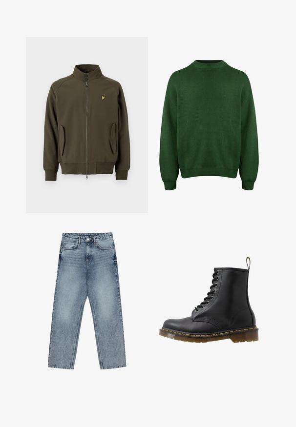 Giacca verde oliva con chiusura a zip, collo alto e tasche laterali. Presenta un piccolo logo giallo sul petto e polsini elasticizzati.; Maglione verde lavorato a maglia con collo alto, spalle scese e polsini e orlo a costine. Presenta un tessuto morbido e testurizzato.; Jeans in denim azzurro chiaro con taglio a gamba dritta, cuciture visibili, design a cinque tasche e chiusura a bottoni in vita.; Stivale alla caviglia in pelle nera con punta rotonda, design con lacci ad occhiello, cuciture arancioni e suola spessa traslucida. Loops sul retro.