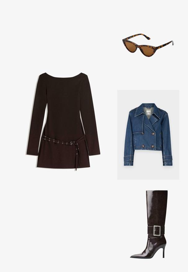 Abercrombie & Fitch Cowboyjakker - medium; Sort langærmet kjole med vid halsudskæring, prydet med en bælte i taljen med metaløjer og en glat stofstruktur.; Mørkebrune knæhøje læderstøvler med spids tå, stiletto-hæl og bred rem med stort rektangulært sølvspænde.; Kat-ejede solbriller med en sort og orange skildpaddemønstret stel, brune linser og slanke, spidse ender. Har et minimalistisk logo på skabelsen.; Gul håndtaske har struktureret stof med runde metalnitter, en triangel logo plade og en kædestropp med runde metaløjer.
