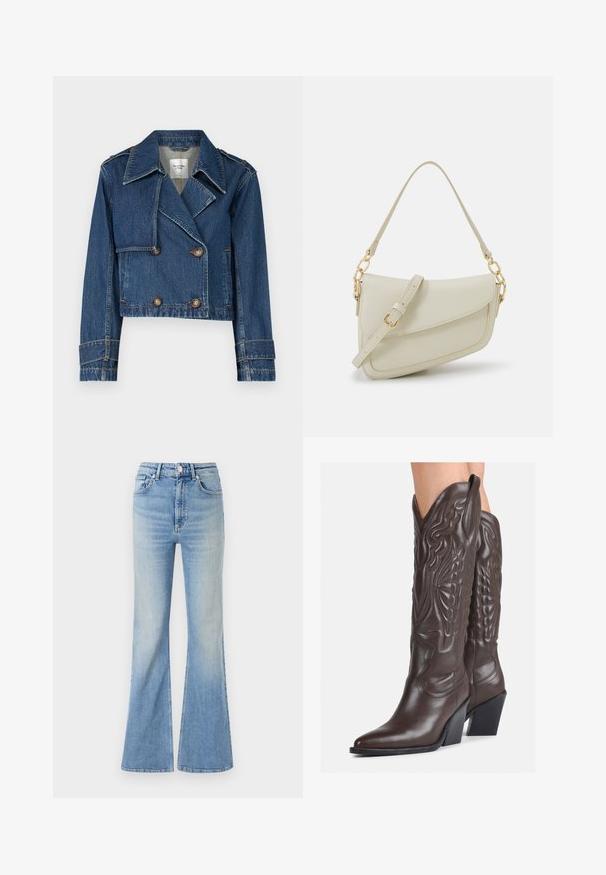 Abercrombie & Fitch Traper jakna - medium; Bijela majica bez rukava napravljena od rebraste tkanine, s okruglim izrezom i uklapajućim siluetom, s minimalnim šavovima i bez ukrasa.; Svijetloplave široke traperice s visokim strukom, pet džepova i suptilnim gradijentnim izbljeđivanjem prema rubu.; Smeđe kožne kauboj čizme s šiljastim vrhom i blok-potpeticom, s detaljno izvezenim šavovima i uzdignutim naglascima na okovu.; Mala krem torbica s teksturiranim finišom, dugačkim podesivim remenom, lančanim detaljem i preklopom. Zlaćani hardver.