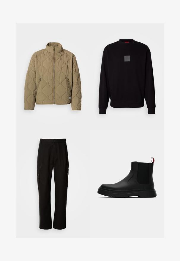 Light brown quilted jacket with full front zipper, two zippered side pockets, and a stand-up collar.; Black sweatshirt with long sleeves, round neckline, a front gray square logo, soft texture, and ribbed cuffs and hem.; Black cargo pants made of cotton with a relaxed fit, featuring side pockets, a button closure, and straight legs. Simple design without patterns.; Black ankle boot with a smooth finish, elastic side panels, and a contrasting red pull tab, featuring a thick rubber sole and rounded toe.