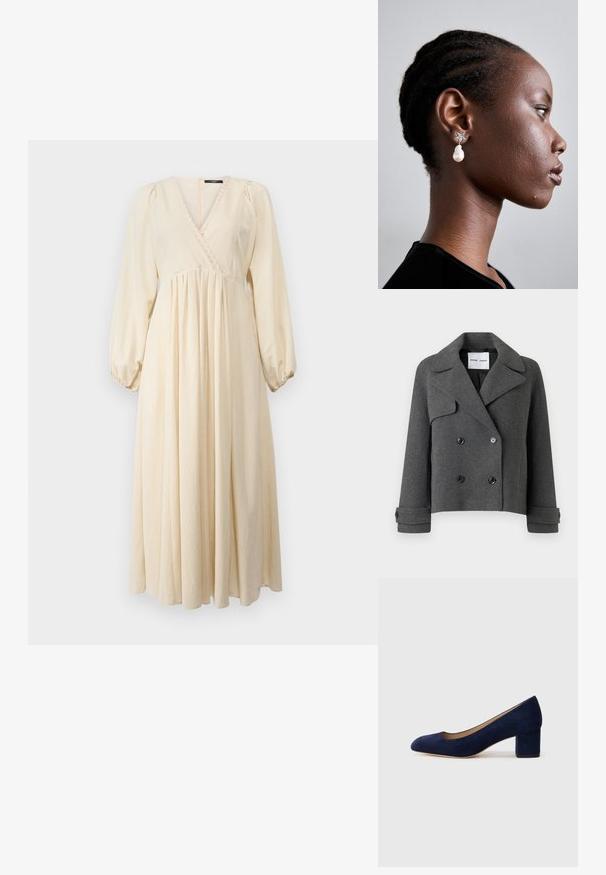 Pilkas vilnos mišinys, dvigubos krūtinės švarkas su didelėmis apykaklėmis, juodais mygtukais ir sulankstytais rankogaliais. Struktūrizuotas dizainas, trumpas ilgis.; WEEKEND MaxMara FRANCIS - Kasdienė suknelė - ecru; Tamsiai mėlynos zomšos bateliai su smailiu nykščiu ir vidutinio aukščio blokiniu kulnu. Lygi tekstūra su subtiliu blizgesiu ir mažas įpjovimas priekyje.; Tory Burch STAR DROP EARRING - Auskarai - silver-coloured
