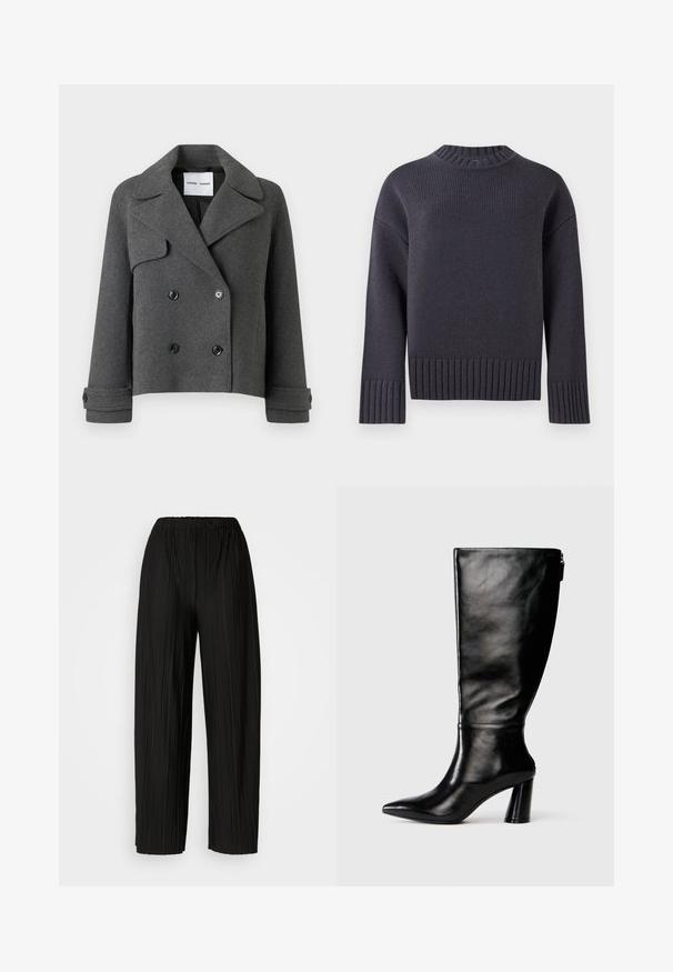 Veste double boutonnage en mélange de laine gris avec de grands revers, boutons noirs et poignets repliés. Design structuré, longueur courte.; Pull en tricot bleu marine avec un col haut à côtes et des poignets ainsi qu'un ourlet à larges côtes. Il présente une coupe décontractée et un tissu texturé.; Pantalons larges plissés noirs avec une taille élastique. Le tissu présente des plis verticaux et une texture lisse.; Botte en cuir noir à hauteur de genoux avec un bout pointu, une texture lisse et un talon épais. Elle présente un zip à l'arrière.