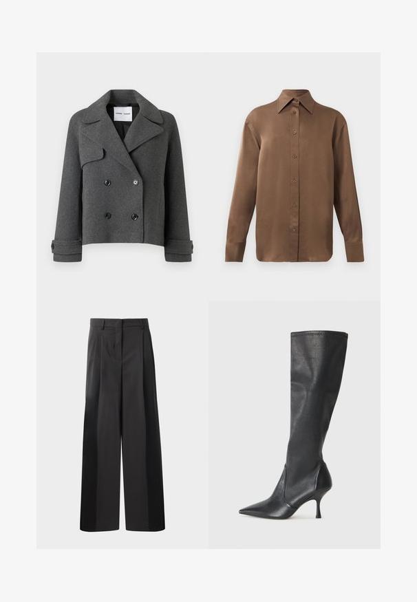 Šedá vlna směsová dvouřadá sako s velkými klopami, černými knoflíky a ohrnutými manžetami. Strukturovaný design, zkrácená délka.; Hnědá košile s dlouhým rukávem, zapínaná na knoflíky, s špičatým límcem a manžetami, vystavená na jednobarevném bílém pozadí.; Černé kalhoty širokého střihu s vysokým pasem, které mají přední sklady, hladký povrch a upravený vzhled. Navrženy pro volný střih.; Černé kožené vysoké boty do kolen s špičatou špičkou a štíhlým jehlovým podpatkem. Hladká textura s přiléhavým střihem a přešitím na horním okraji.
