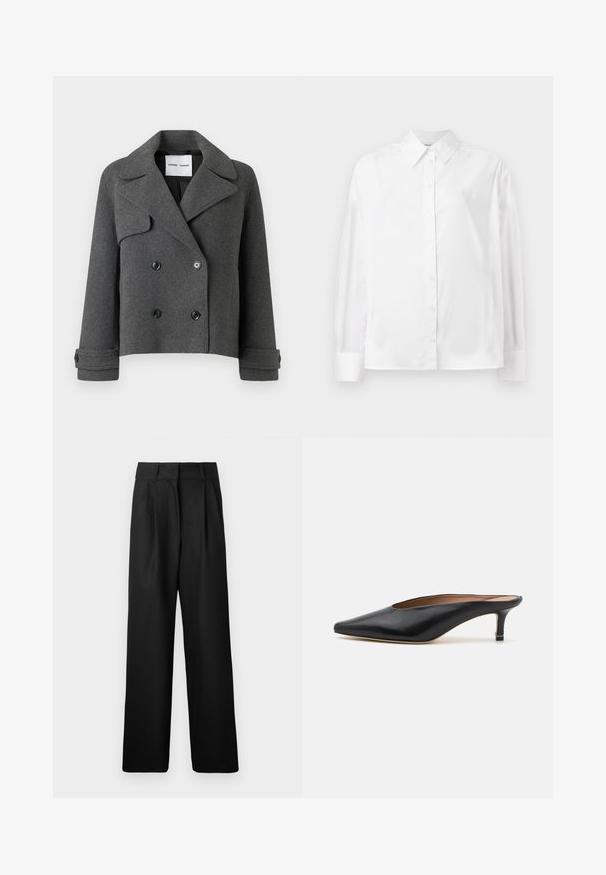 Grau melierte, doppelt geknöpfte Jacke mit großen Revers, schwarzen Knöpfen und umgeschlagenen Manschetten. Strukturiertes Design, cropped Länge.; Weißes Langarm-Hemd mit Knopfverschluss aus einer glatten Baumwollmischung. Verfügt über einen klassischen Kragen, eine Frontknopfverschluss und abgerundete Manschetten.; Schwarze weit geschnittene Hose mit glatter Textur, ausgestattet mit Vorderfalten und einem hochgeschnittenen Design. Hergestellt aus einem leichten Stoff.; Schwarze Leder-Mules mit spitzem Zehenbereich und niedrigem Blockabsatz. Glatte Textur mit elegantem Design. Offene Rückseite mit minimaler Gestaltung.