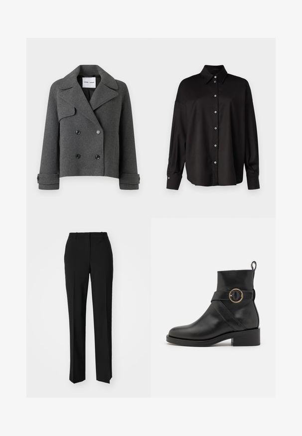 Grå ullblanding dobbeltradet jakke med store reverser, sorte knapper og brettede mansjetter. Strukturert design, kort lengde.; DRYKORN LYSILA - Skjortebluse - black; Sorte skreddersydde bukser med rett silhuett, med en glatt tekstur og klare pressede bretter foran. Ingen synlig maskinvare.; BOSS IRYNA BOOTIE - Platåstøvletter - black