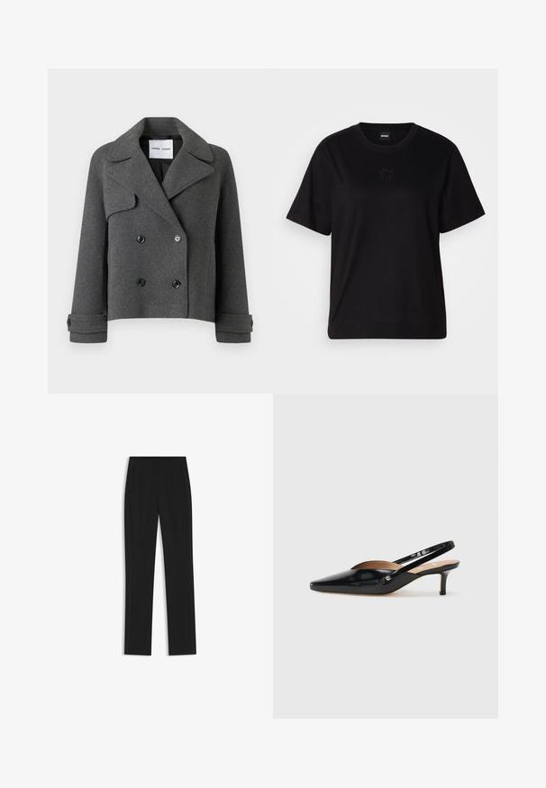 Grau melierte, doppelt geknöpfte Jacke mit großen Revers, schwarzen Knöpfen und umgeschlagenen Manschetten. Strukturiertes Design, cropped Länge.; Schwarzes Baumwoll-T-Shirt mit Rundhalsausschnitt, kurzen Ärmeln und aufgesticktem Logo auf der Brust. Einfacher, lässiger Schnitt ohne Muster.; Schwarze maßgeschneiderte Hose mit geradem Bein, ausgestattet mit Fronttaschen und einem glatten, strukturierten Stoff. Saubere, minimale Details.; Schwarze Lackleder Slingback-Pump mit spitzem Zehenbereich, kleinem Absatz und einem Ausschnittdesign auf dem Vorderteil. Hardware in Goldton als Akzent an der Seite.