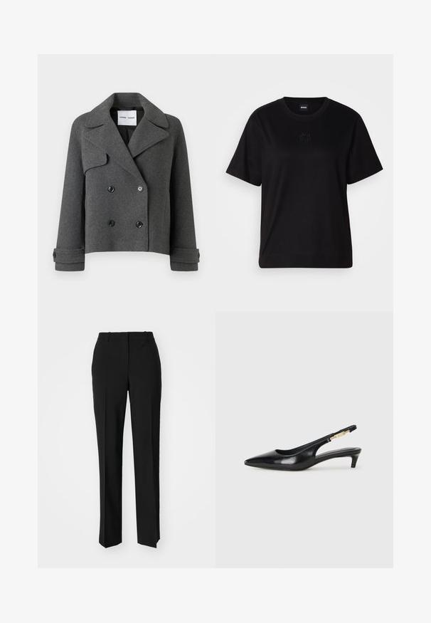 Šedé sako z vlnenej zmesi s dvojitým zapínaním a veľkými klopami, čiernymi gombíkmi a prehnutými manžetami. Štruktúrovaný dizajn, skrátená dĺžka.; Čierne bavlnené tričko s okrúhlym výstrihom, krátkymi rukávmi a vyšívaným logom na hrudi. Jednoduchý, voľný strih bez vzorov.; Čierne krajčírské nohavice so strihom rovného nohu, s hladkou textúrou a ostrými skladmi pozdĺž prednej časti. Žiadne viditeľné hardvér.; Čierne kožené slingback opätky s špicatou špičkou, s úzkym opätkom a zlatým detailom na nastaviteľnom remienku. Hladká textúra.