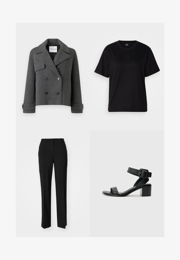 Chaqueta de doble botonadura de mezcla de lana gris con grandes solapas, botones negros y puños doblados. Diseño estructurado, de longitud corta.; Camiseta de algodón negra con cuello redondo, mangas cortas y un logo bordado en el pecho. Ajuste simple y relajado sin patrones.; Pantalones negros ajustados con un diseño de pierna recta, que presentan una textura suave y pliegues nítidos en el frente. Sin herrajes visibles.; Sandalia de tacón negro de cuero con correa en el tobillo ajustable, diseño de punta abierta y tacón cuadrado. Textura suave, estilo minimalista.