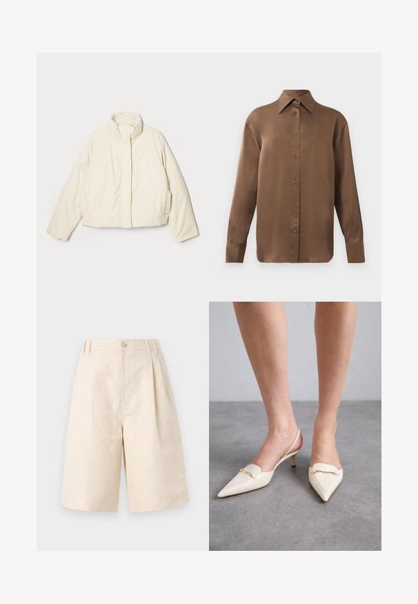 Holzweiler MOTO - Dūnu jaka - beige; Brūns garās piedurknes pogājamais krekls ar norādītu apkakli un aprocēm, izlikts pret vienkāršu baltu fonu.; Beige linu džinsi ar brīvu piegriezumu, ar pogu aizdari, krokām un līdz ceļiem garumu. Gluda tekstūra un vienkāršs stils.; Kremkrāsas, norādīta pirksta slinga papēži ar smalku vidējo papēdi, kas rotāti ar zelta ķēdes akcentu uz virsmas un gludu ādas tekstūru.