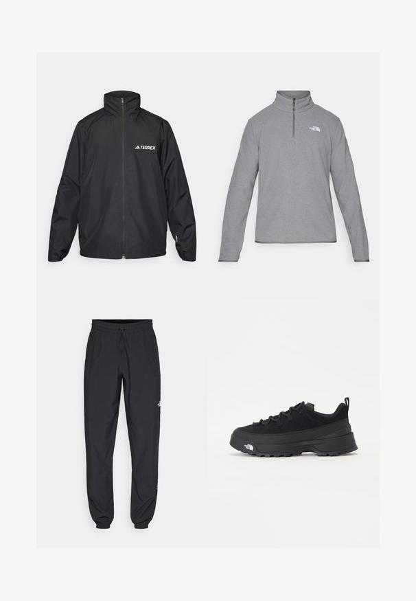 Crna vodootporna jakna s visokim ovratnikom i punim zatvaračem. Ima "TERREX" logo u bijeloj boji na lijevoj strani grudi, elastične manžete i širok kroj.; The North Face M GLACIER FLEECE 1/4 ZIP JACKET - Vesta od flisa - grey heather; Crne sportske hlače od lagane tkanine, s pojasom na vezanje, bočnim džepovima i suženim manžetama na gležnjevima.; Crne vanjske tenisice s gornjim dijelom od antilopa, teksturiranim gumenim potplatom i čvrstim sustavom vezanja. Imaju ojačan petni deo i logo brenda sa strane.