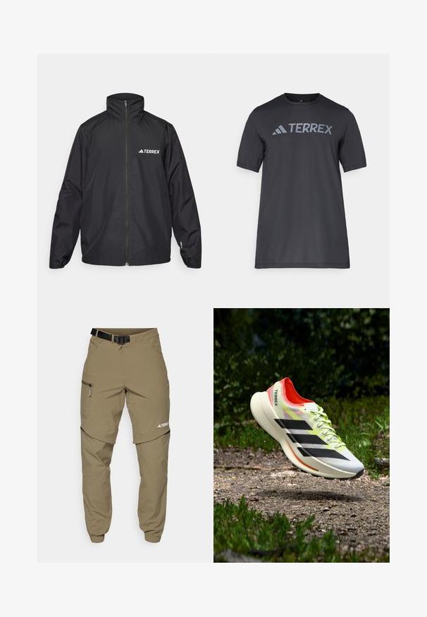 Mustapintainen vedenpitävä takki, jossa on korkea kaulus ja täyzip. Vasemman rinnan "TERREX"-logo valkoisena, elastiset hihansuut ja reilu istuvuus.; Musta lyhythihainen t-paita kevyestä kankaasta, jossa on vaaleanharmaa "TERREX" -logo rinnassa ja pyöreä kaula-aukko.; Beiget ulkoilu housut vyöllä, vetoketjullisilla sivutaskuilla ja joustavilla lahkeensuilla. Varustettu irrotettavalla osalla monipuolisuutta varten ja sileällä pinnalla.; Kevyt juoksukenkä valkoisena, mustilla raidoilla, punaisilla yksityiskohdilla ja keltaisilla nauhoilla; siinä on teksturoitu päällinen ja pehmustettu pohja.