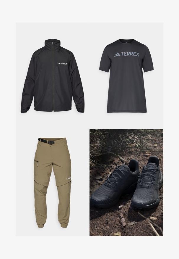 Black waterproof jacket with a high collar and full zip. Features the "TERREX" logo in white on the left chest, elastic cuffs, and a loose fit.; Black short-sleeve t-shirt made of lightweight fabric, featuring a light gray “TERREX” logo across the chest and a crew neckline.; Beige outdoor pants with a belt, zippered side pockets, and elastic cuffs. Features a zip-off design for versatility and a smooth texture.; Black athletic shoes with a textured knit upper, reinforced toe, and cushioned sole, displayed on earthy ground with scattered twigs.
