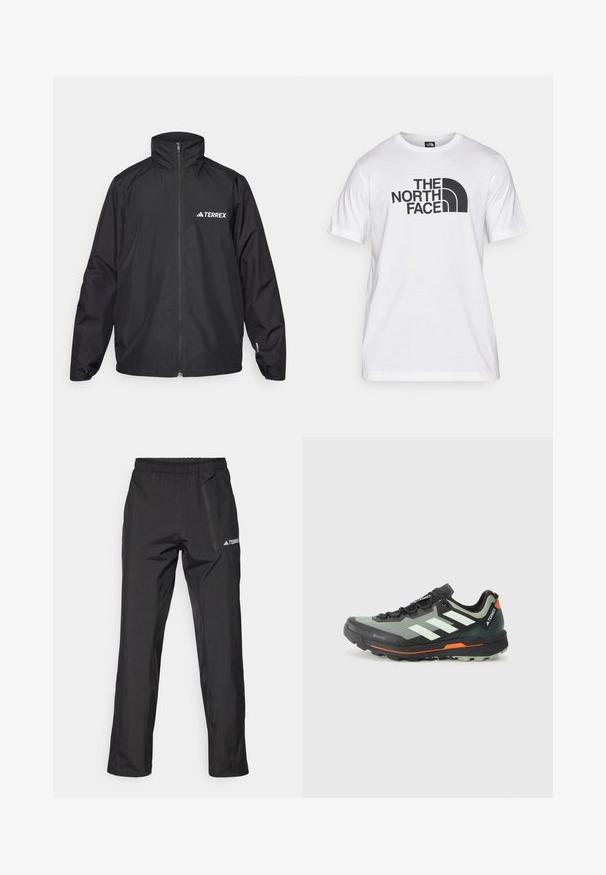 Black waterproof jacket with a high collar and full zip. Features the "TERREX" logo in white on the left chest, elastic cuffs, and a loose fit.; White cotton t-shirt featuring a black graphic print with text and a curved logo design. Round neckline and short sleeves. Plain texture.; Black lightweight outdoor pants with an elastic waistband, zipper pockets, and a printed logo. Smooth texture and straight-leg cut.; Lightweight trail running shoe with a gray and black mesh upper, orange accents, and a rugged outsole for traction. Waterproof Gore-Tex lining.