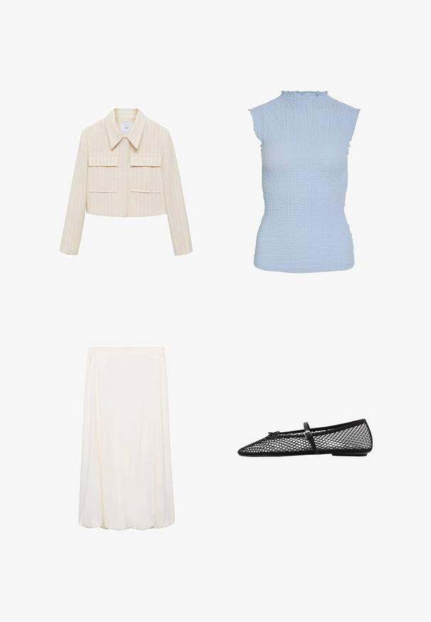 Giacca cropped in crema con strisce verticali, dotata di colletto a punte, due tasche frontali applicate e maniche lunghe. Texture liscia.; Top senza maniche di un blu chiaro, con collo alto, superficie texturizzata, design a coste e bordi arricciati attorno al collo e alle aperture delle braccia.; Gonna bianca alla lunghezza del ginocchio con un design morbido e fluido. Stile semplice senza motivi visibili o dettagli hardware.; Ballerina nera in rete con punta affusolata, cinghia decorativa e accento sottile. Presenta un design a rete aperta e suola piatta.