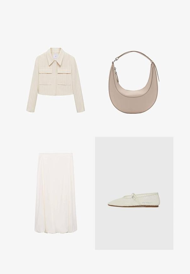 Kratka jakna v kremni barvi z navpičnimi črtami, ki ima koničast ovratnik, dva sprednja žepa in dolge rokave. Gladka tekstura.; Svetlo modra brezrokavna majica z ovratnikom, teksturirana površina, rebrast dizajn in volančasti robovi okoli ovratnika in odprtin za roke.; Bela krilna krila do kolen s tekočim dizajnom in mehkim materialom. Preprost slog brez vidnih vzorcev ali kovinskih detajlov.; Bela mrežasta balerinka s uskim nosom in nastavljivim trakom. Ima teksturirano zgornji del in ravno rjavo podplat.; Bež usnjena torba za rame v obliki kružnice, z gladko teksturo in eno ukrivljeno zanko. Ima zadrgo in urejen šiv.