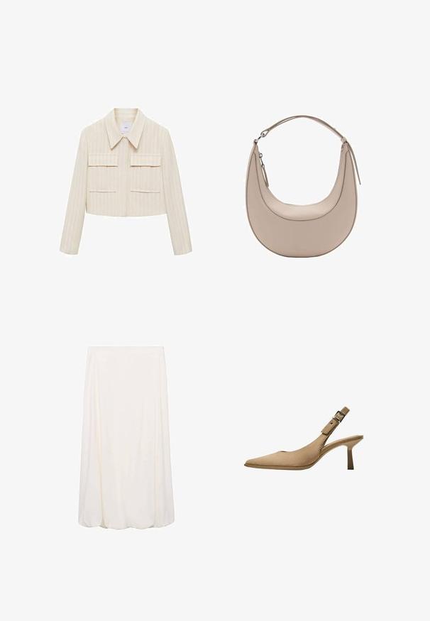 Cropped jacket in cream with vertical stripes, featuring a pointed collar, two front patch pockets, and long sleeves. Smooth texture.; Light blue sleeveless top with a mock neck, textured surface, ribbed design, and frilled edges around the neckline and armholes.; White, knee-length skirt with a flowing design and soft texture. Simple style with no visible patterns or hardware details.; Beige slingback pump with a pointed toe, textured suede material, and a slim heel. Features an adjustable buckle strap for secure fit.; Beige leather shoulder bag with a crescent shape, smooth texture, and a single curved handle. Features a zip closure and neat stitching.