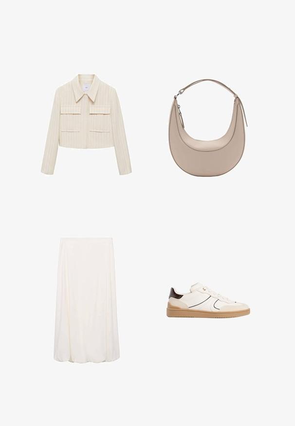 Krótką kurtkę w kolorze kremowym z pionowymi paskami, z zaostrzonym kołnierzem, dwoma przednimi kieszeniami naszytymi i długimi rękawami. Gładka tekstura.; Jasnoniebieski bezrękawnik z półgolfem, teksturowana powierzchnia, prążkowany wzór i falbaniaste krawędzie wokół dekoltu i otworów na ramiona.; Biała spódnica do kolan o zwiewnym kroju i miękkiej teksturze. Prosty fason bez widocznych wzorów i detali metalowych.; Stradivarius - Sneakersy niskie; Beżowa skórzana torba na ramię o kształcie półksiężyca, gładkiej fakturze i pojedynczym zakrzywionym uchwycie. Posiada zamek błyskawiczny oraz staranne przeszycia.
