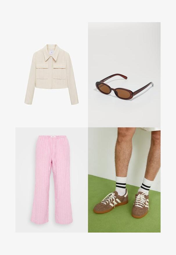 Jachetă scurtă crem cu dungi verticale, având un guler ascuțit, două buzunare frontale aplicate și mâneci lungi. Textură netedă.; Top alb fără mâneci, cu un decolteu rotund, asociat cu blugi gri cu talie înaltă, având buzunare și închidere cu nasture.; Pantaloni roz cu dungi, cu talie elastică, dintr-un material ușor, cu croială largă și o textură netedă. Dungi verticale in alb.; Adidași maro din suede cu accente și șireturi albe. Talpă din cauciuc de culoare caramel. Purtați cu șosete albe cu dungi negre. Pardoseală verde texturată.; Ochelari de soare rotunzi, cu nuanțe de brown și cu un cadru lucios de burgund. Brațe subțiri cu detalii subtile de branding. Design cu lentile plate.; Geantă din piele împletită, de culoare maro, cu o formă triangulară, lejeră. Are un mâner împletit și închidere cu fermoar pe partea superioară.