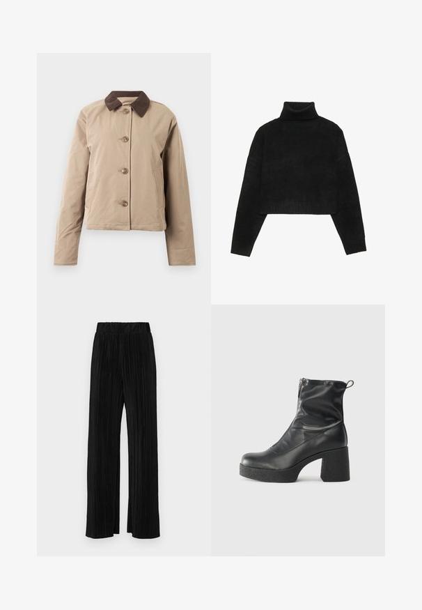 Beige jakke med en brun kordfløyelskrage, fem knapper foran, to sidelommer og lange ermer. Glatt tekstur.; Svart cropped genser med ribbestrikket høy hals og mansjetter, med en jevn tekstur og avslappet passform. Enkel, minimalistisk design.; Sorte plisserte bukser med elastisk midje. Har vide ben og et glatt, strukturert stoff med vertikale striper.; Svarte ankelstøvler laget av glatt lær, med glidelås på siden, chunky strukturert hæl, og rund tå-design.