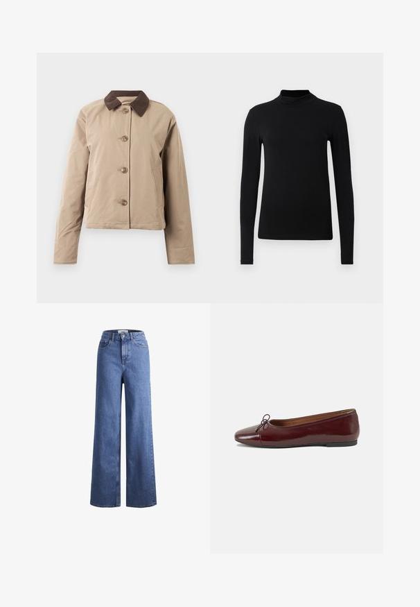 Beige dzseki barna kordbársony gallérral, öt gombos első záródás, két oldalsó zseb és hosszú ujjú. Sima textúrájú anyag.; Fekete, hosszú ujjú, galléros póló sima anyagból; testhezálló kialakítás magas gallérral és láthatatlan varratokkal. Egyszerű, egyszínű.; Világoskék, széles szárú farmernadrág magas derékkal, két elülső zsebbel és látható varrással. Gombos és cipzáros záródás.; Burgundi lakkbőr balettcipő kerek orral, elöl kis masni díszítéssel és alacsony, fekete gumi talppal. Simára csiszolt felület.