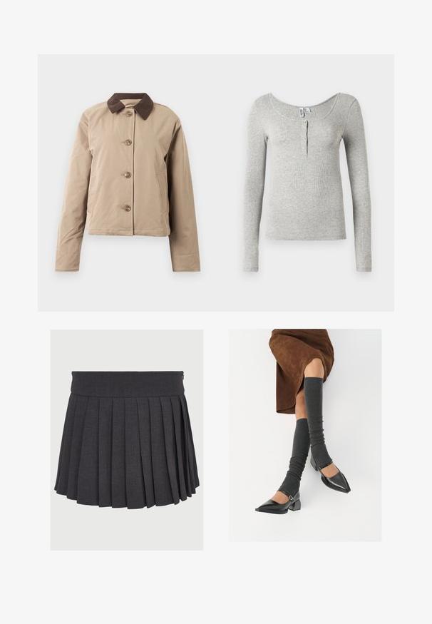 Bež bleiser pruunist sametist kraega, viie nupuga eesmine sulgemine, kaks küljetaskut ja pikad varrukad. Sile kangas.; Helehall ribatud pika varrukaga särk, millel on ümar kaelus ja neli nuppu esiküljel, eksponeeritud valge tausta peal.; Hall gris pleated seeliku, millel on tasane vöökoht ja lukuga sulgur, valmistatud tekstureeritud kangast, sügavate ja ühtlaselt jaotatud voldikutega.; Mustad patsaline odav värviga kingad, millel on kreen ja pahkluuring, on paaritatud hallide ribakudumitega sääremiidega ja pruunist nahast seelikuga.