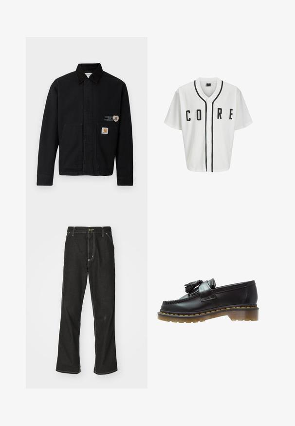 Melnas kanvas jakas ar apkakli un divām priekšējām kabatām. Iezīmē sirds formas dizains un zīmola patch uz apakšējās kabatas.; Balta beisbola stila krekls ar īsām piedurknēm, melniem priekšējiem pogām un izteiksmīgu melnu "CORE" uzrakstu. Iezīmē melnu akcentu apdari ap kaklu.; Gari garām piedurknēm balts kokvilnas T-krekls ar apaļu kakla izgriezumu, ar nelielu dzeltenu un bordo logotipu kreisajā krūtī. Bezšuvju aproces un apakšmala.; Melni džinsi ar brīvu piegriezumu, ar kontrastējošu baltu diegu, pogu aizdari un taisnu kāju dizainu.; Melni ādas loafers ar teksturētu apdari, ar dekoratīvu pušķi un kontrastējošām dzeltenām šuvēm, uz masīvas caurspīdīgas zoles.
