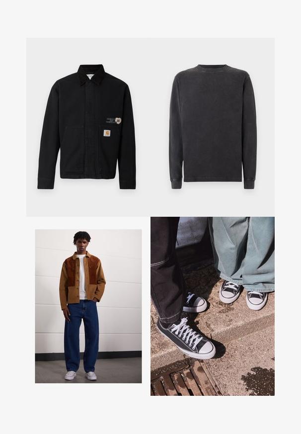 Crna platnena jakna s ovratnikom i dva prednja džepa. Ima dizajn u obliku srca i brendiranu oznaku na donjem džepu.; Dugi rukav, majica s okruglim izrezom u tamnosivoj boji, napravljena od meke mješavine pamuka. Ima rebraste manšete i izrez s glatkom, lagano teksturiranom završnom obradom.; Muškarac stoji unutra odjeven u smeđi široki šal s hrđavim mrljama, bijelu majicu, labave plave traperice i bijele tenisice.; Crne platnene tenisice niskog kroja s bijelim gumenim kapicama i vezicama, uparene s širokim zelenim trapericama, na strukturiranoj kamenoj površini.