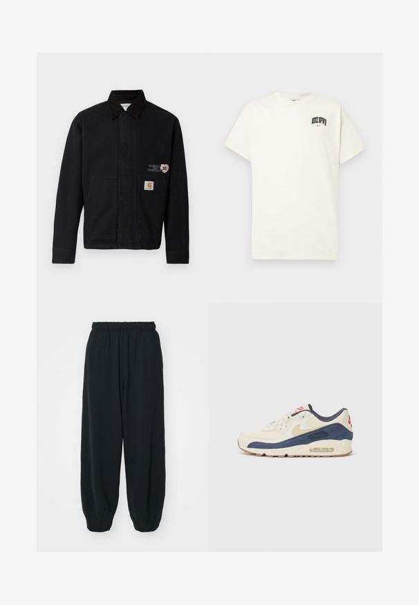 Casaco de lona preto com colarinho e dois bolsos frontais. Apresenta um design em forma de coração e um emblema na parte inferior do bolso.; T-shirt de algodão na cor creme com mangas curtas, apresentando "NIKE SB" em texto preto e vermelho no peito. Gola redonda padrão.; Calças de fato de treino pretas, com cintura elástica e um corte solto, com punhos nas pernas, textura suave e sem padrões visíveis ou detalhes de metal.; Tênis com parte superior em couro creme e camurça azul-marinho, apresentando uma sola de ar visível, solado em borracha bege e um detalhe vermelho no calcanhar.