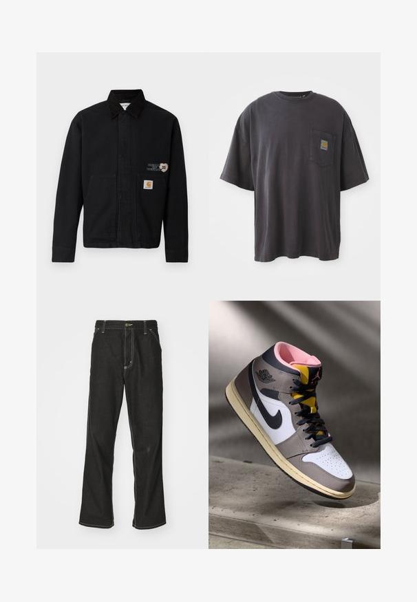 Black canvas jacket with a collar and two front pockets. Features a heart-shaped design and a branded patch on the lower pocket.; Black cotton t-shirt with short sleeves, a round neckline, and a left chest pocket featuring a square logo patch. Simple and unembellished design.; Black denim jeans with a loose fit, featuring contrasting white stitching, a button closure, and a straight leg design.; High-top Nike Air Jordan sneaker in white, grey, and black with pink interior and yellow tongue, positioned on a concrete surface.