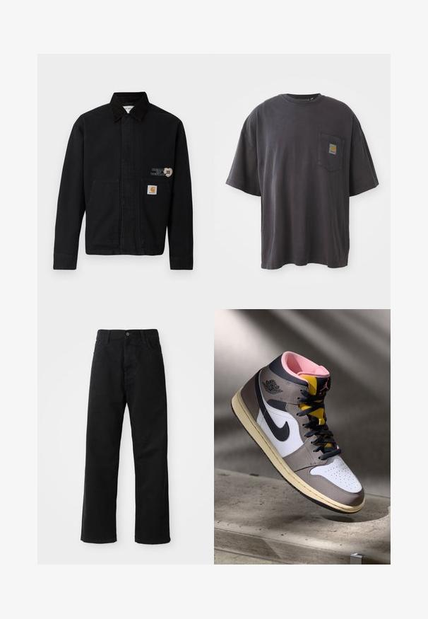 Juoda drobės striukė su apykakle ir dviem priekiniais kišenėmis. Yra širdies formos dizainas ir prekės ženklo ženklelis apatinėje kišenėje.; Juodos spalvos medvilnės marškinėliai su trumpomis rankovėmis, apvaliu iškirpimu ir kairėje krūtinės pusėje esančia kišenėle su kvadratine logotipo etikete. Paprastas ir nepuoštas dizainas.; Juodo džinsinio audinio keliaraiščiai su tiesia iškarpa, turintys priekinės kišenes, užtrauktuką ir vieną viršutinį mygtuką. Audinys tekstūruotas, su matinio paviršiaus apdaila.; Balti Nike Air Jordan aukšti sportbačiai balta, pilka ir juoda spalva su rožine vidine dalimi ir geltonu liežuvėliu, padėti ant betono paviršiaus.