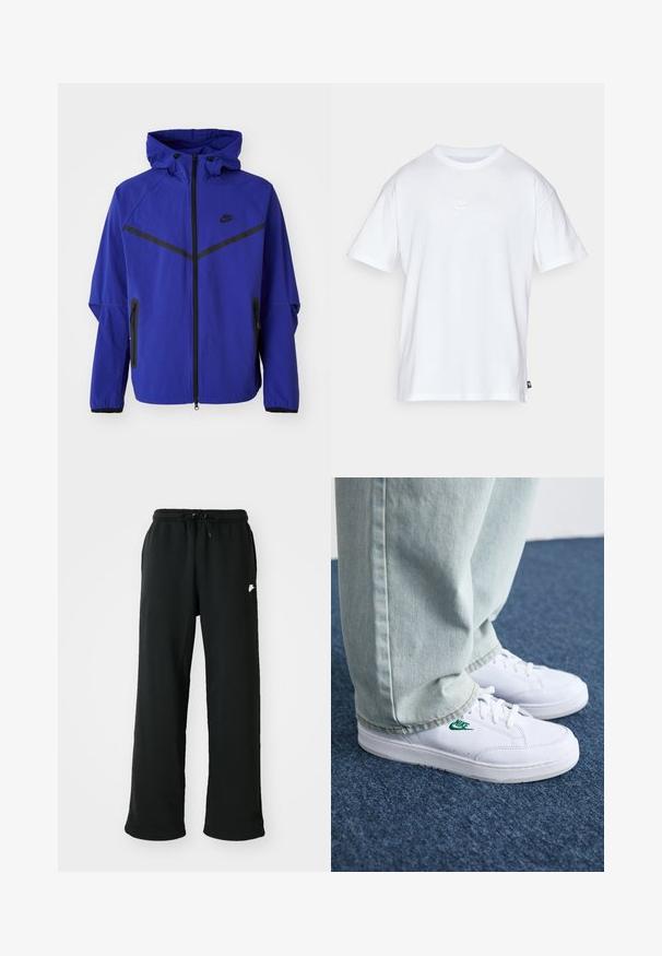 Casaco azul com capuz, feito de material leve, apresenta detalhes pretos, fechos de correr e um design geométrico no peito.; T-shirt de algodão branco com mangas curtas e decote redondo. Apresenta um pequeno e discreto logótipo da Nike no peito e uma etiqueta lateral.; Calças de treino pretas feitas de tecido suave, com cintura elástica e cordão ajustável, e um pequeno detalhe de logótipo na lateral.; Tênis de couro brancos com logo verde da Nike, bico redondo, sola plana, combinados com calças de denim azul claro, exibidos sobre um tapete azul.