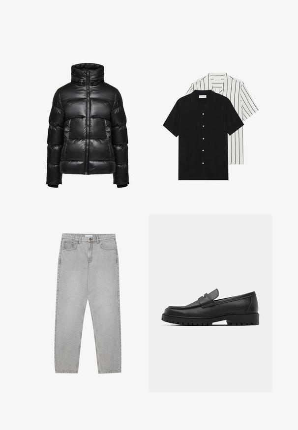 Glorious Gangsta DOMAR 2.0 SHORT PUFFER JACKET - Vinterjakke - jet black; To korte ermer skjorter: en i ensfarget svart, en hvit med svarte vertikale striper. Begge har knappelukkinger og klassisk krage.; Lys grå denimbukser med rett ben-design, fem lommer og knappelukking. Synlig søm langs sømmene.; Sorte lærloafere med rund tå, med en syddesign, lav plattformsåle og en teksturert, ruggede gummisåle.