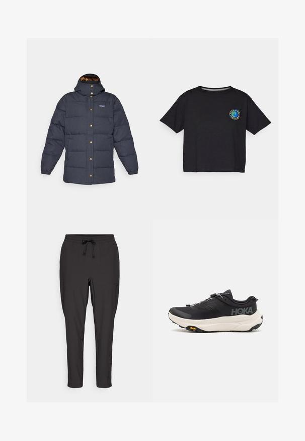 Granatowa kurtka puchowa z kapturem, złotymi zatrzaskami, dwoma przednimi kieszeniami i pikowanym wzorem. Izolowana dla zapewnienia ciepła.; Czarna bawełniana koszulka z krótkim rękawem z okrągłym, wielokolorowym logo na piersi. Prosty dół i luźny krój.; Czarne dresowe spodnie z elastycznym paskiem, detalami w postaci sznurka oraz bocznymi kieszeniami. Wykonane z gładkiego, lekkiego materiału.; Czarne buty sportowe z oddychającą siateczką, gumową podeszwą, białą wkładką amortyzującą i odblaskowymi sznurowadłami. Logo Vibram na podeszwie.