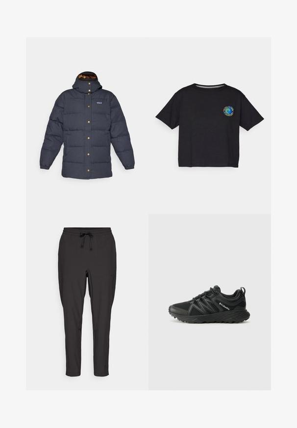 Tummansininen untuvatakki, jossa on huppu, kultaiset napit, kaksi etutaskua ja tikattu pinta. Eristetty lämpöä varten.; Mustat puuvillaiset lyhythihaiset T-paidat, joissa on pyöreä monivärinen logo rinnassa. Suora helma ja rento istuvuus.; Mustat verkkarit, joissa on elastinen vyötärö, nauhavyö ja sivutaskut. Valmistettu sileästä, kevyestä kankaasta.; Columbia PEAKFREAK - Vaelluskengät - black