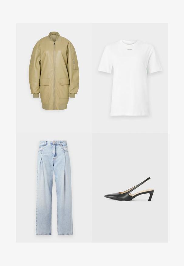 Rævfarvet læderbomberjakke med lynlås foran, ribbet krave, to store frontlommer og en sidelomme på ærmet. Glat tekstur.; Hvid bomulds t-shirt med rund hals, korte ærmer og et lille sort "Calvin Klein" logo på brystet. Enkel design uden mønstre.; Lyseblå denim jeans med høj talje, bred benåbning, to sidelommer og plisseret design. Blød tekstur med et falmet finish.; Sorte spidse slingback-sko med en lav hæl, lavet af glat læder og med udskæringer på siden for åndbarhed.