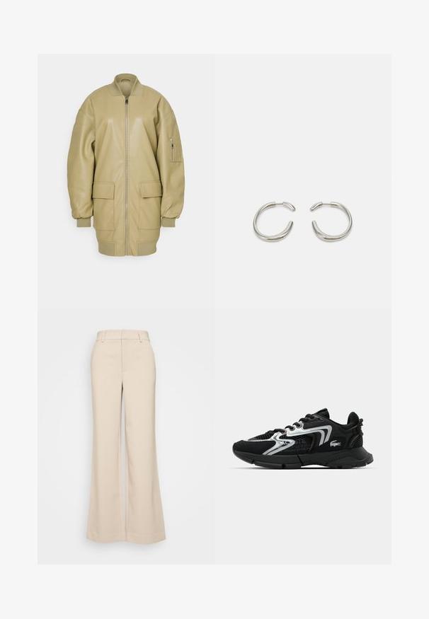 Veste en cuir tan avec fermeture éclair à l'avant, col côtelé, deux grandes poches avant et une poche latérale sur la manche. Texture lisse.; Débardeur noir en tissu côtelé, avec un décolleté en forme de rond et une coupe ajustée. Coutures plates et sans ornements. Design simple et épuré.; Pantalons larges beiges avec une texture lisse, dotés d'une taille haute et de deux poches avant. Design épuré avec une coupe ajustée.; Baskets de sport noires avec tige en mesh et synthétique, accents argentés, bout arrondi, col rembourré et semelle texturée pour une meilleure adhérence.; Boucles d'oreilles en argent avec un design lisse et arrondi et une finition polie élégante. Présente une forme minimaliste avec une légère ouverture.