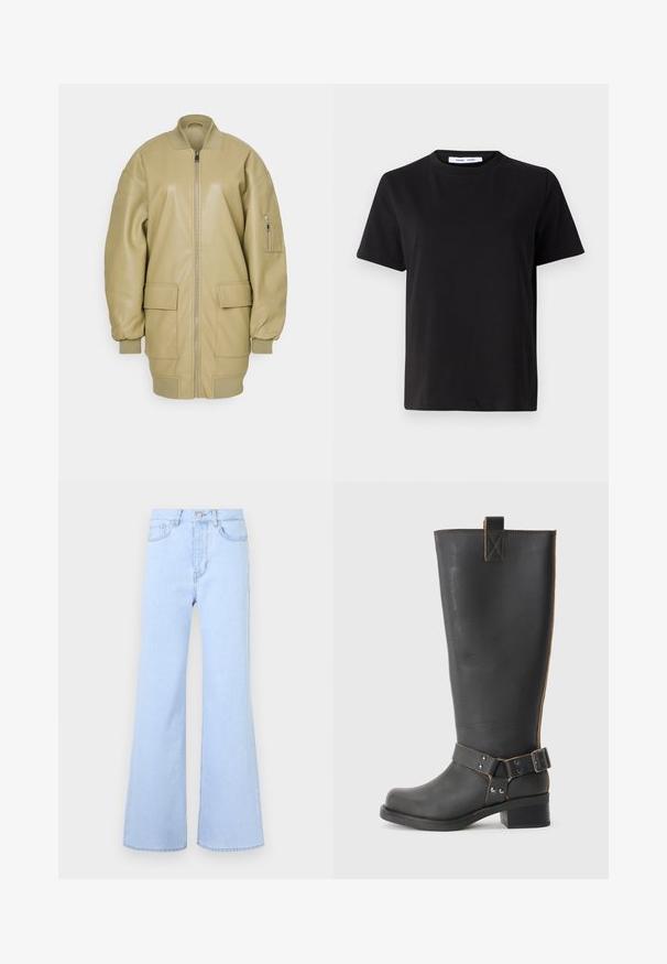 Hnedá kožená bomber bunda so zipsom vpredu, rebrovaným golierom, dvoma veľkými prednými vreckami a bočným vreckom na rukáve. Hladká textúra.; Čierne tričko s krátkym rukávom vyrobené z mäkkej bavlny, s okrúhlym výstrihom, uvoľneným strihom a hladkou štruktúrou. Žiadne viditeľné vzory ani grafika.; Svetlomodré rozšírené džínsy s vysokým pásom, obsahujúce päť vreciek, zapínanie na gombík a hladkú denimovú textúru. Okraje sú precízne prešité.; Čierna kožená čižma po kolená s textúrovaným povrchom, obsahujúca postranný akcent s prackou a nízkym opätkom. Podrobné prešitie pozdĺž švov.