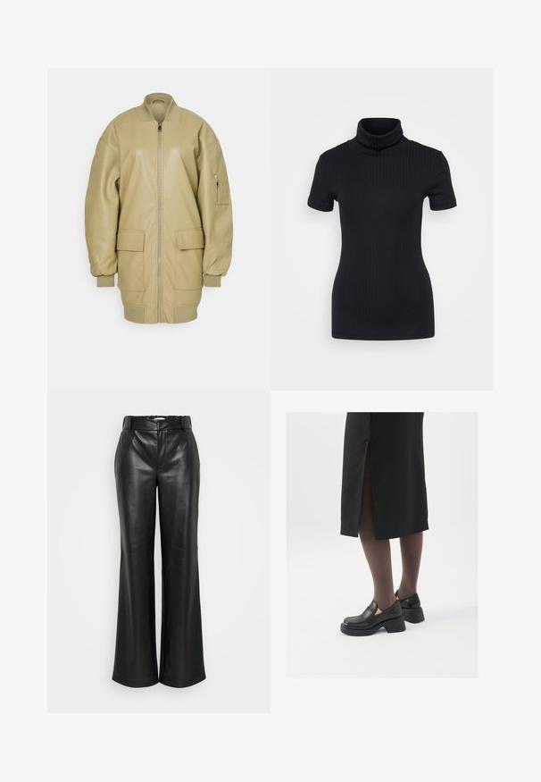 Tanfarbene Lederjacke im Bomberstil mit Reißverschluss, gestreiftem Kragen, zwei großen Fronttaschen und einer Seitentasche am Ärmel. Glatte Textur.; Schwarzes geripptes Rollkragenoberteil, kurze Ärmel, figurbetontes Design, weiche Textur, minimale Nähte und ein hoher Kragen.; ONLY Tall ONLSMOOTH WIDE - Stoffhose - black; Schwarze Lederschuhe mit abgerundetem Zeh, dicker Blockabsatz und elastischen seitlichen Akzenten, kombiniert mit dunklen Strumpfhosen und einem schwarzen Rock mit Schlitz.