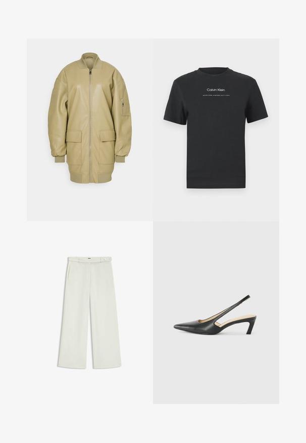 Tan leren bomberjack met een rits aan de voorkant, geribbelde kraag, twee grote voorzakken en een zijzak op de mouw. Soepele textuur.; Zwarte katoen T-shirt met een ronde halslijn, korte mouwen en een witte geprinte "Calvin Klein" logo en "Established 1968" tekst.; Wijde broek in licht crèmekleurige stof, met zijzakken, een platte voorkant en een enkele knoopsluiting bij de taille. Glad van textuur.; Zwarte puntige slingback schoen met een lage hak, gemaakt van soepel leer en voorzien van een uitsnede aan de zijkant voor ventilatie.
