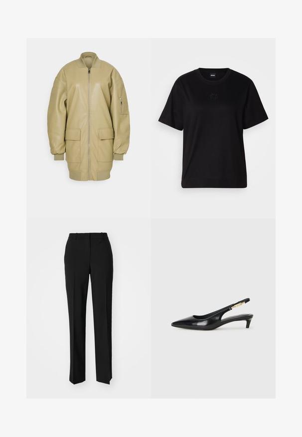 Tan leren bomberjack met een rits aan de voorkant, geribbelde kraag, twee grote voorzakken en een zijzak op de mouw. Soepele textuur.; Zwarte katoenen t-shirt met een ronde hals, korte mouwen en een geborduurd logo op de borst. Eenvoudige, comfortabele pasvorm zonder patronen.; Zwarte op maat gemaakte broek met een recht model, voorzien van een soepele textuur en scherpe plooien aan de voorkant. Geen zichtbare hardware.; Zwarte leren slingback hakken met een spitse neus, voorzien van een slanke hak en een goudkleurige accent op de verstelbare band. Gladde textuur.